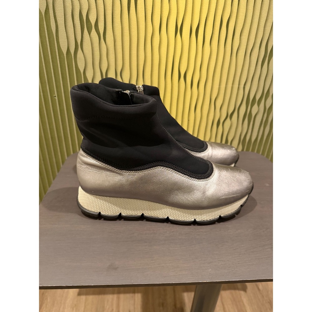 Prada Sport‎ Silver Metallic Leather Black Neoprene Sock Sneaker Boots 10.5 40.5